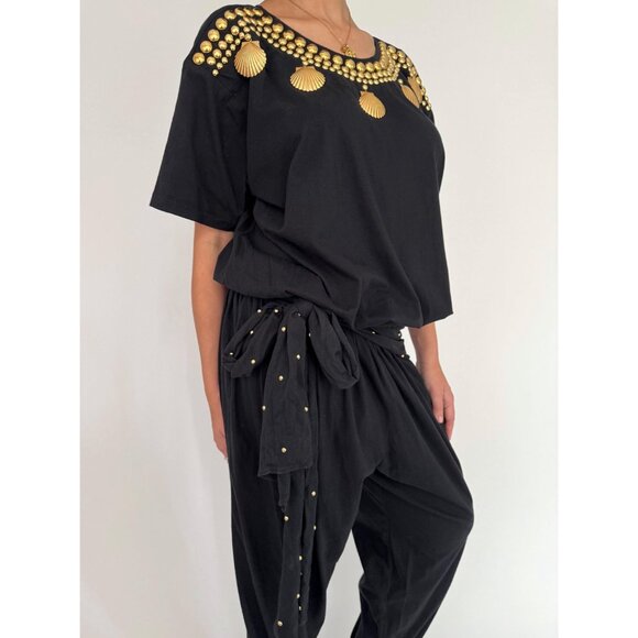 80s black embellished gold seashell retro loose cotton pant one piece jumpsuit - Picture 8 of 10